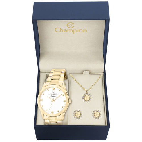 Kit Relógio Feminino Champion Cn27983w Analógico Dourado Colar e Brincos