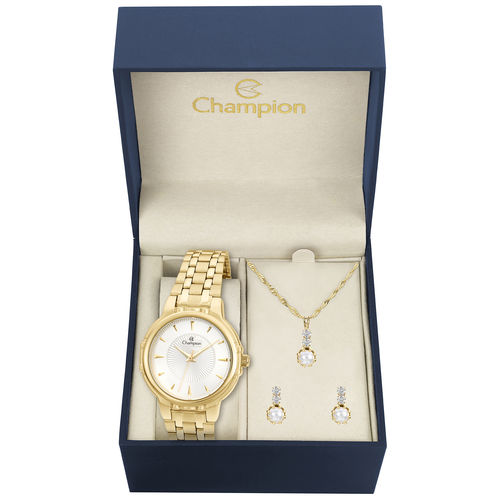 Kit Relógio Feminino Champion Cn28400w Analógico Dourado Colar e Brincos