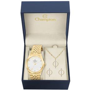 Kit Relógio Feminino Champion Cn28633W Analógico Dourado Colar e Brincos