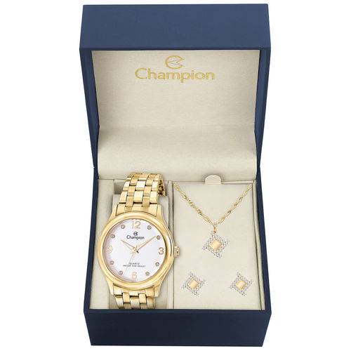 Kit Relógio Feminino Champion Cn28991w Analógico Dourado Colar e Brincos