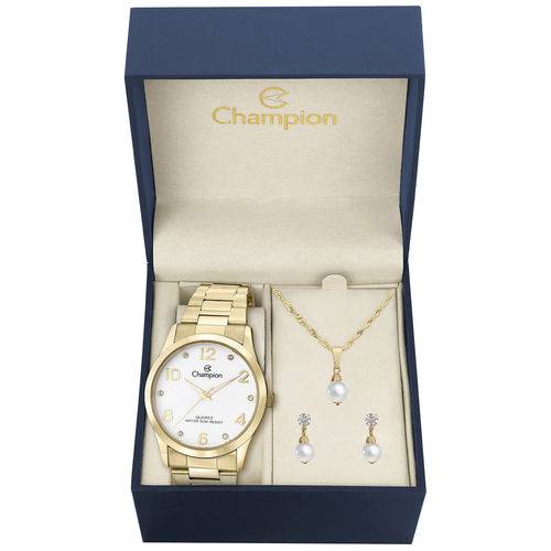 Kit Relógio Feminino Champion Cn29052w Analógico Dourado Colar e Brincos