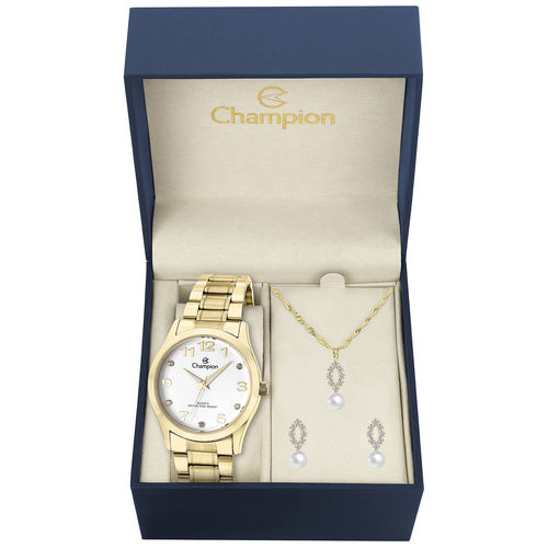 Kit Relógio Feminino Champion Cn29070w Analógico Dourado Colar e Brincos