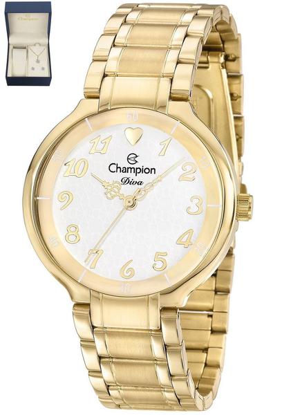 Kit Relógio Feminino Champion Dourado Banhado Ouro Cn26395w
