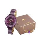 Kit Relogio Feminino com Pulseira Dourado e Roxo Mondaine