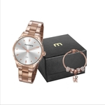 Kit Relógio Feminino Com Pulseira Dourado Mondaine + Nf