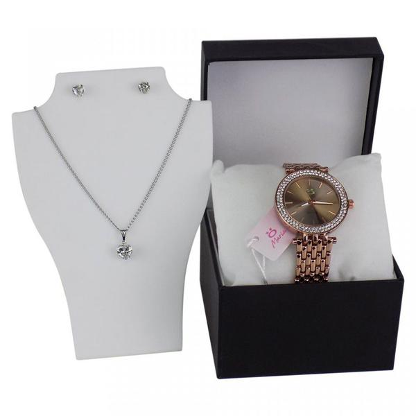 Kit Relógio Feminino Dourado Aço Inox Colar Brinco - Orizom