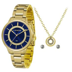 Kit Relogio Feminino Dourado Lince Colar e Brinco Fundo Azul