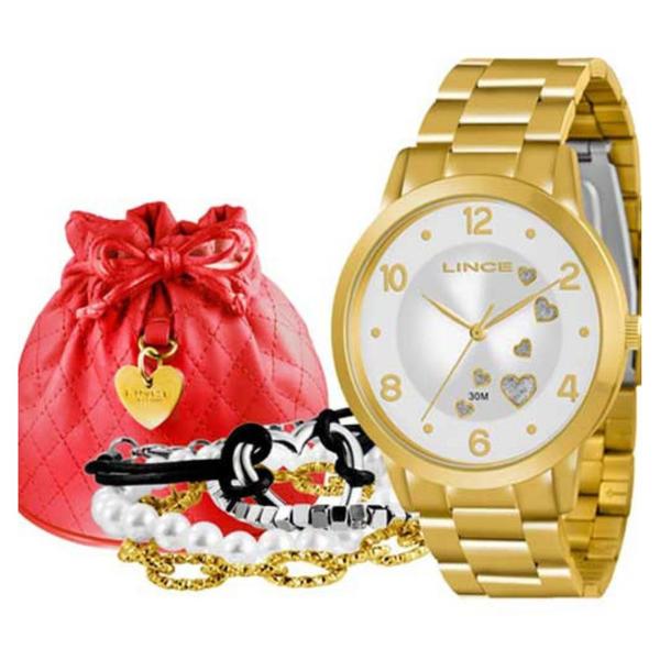 Kit Relogio Feminino Dourado Lince com Quatro Pulseiras