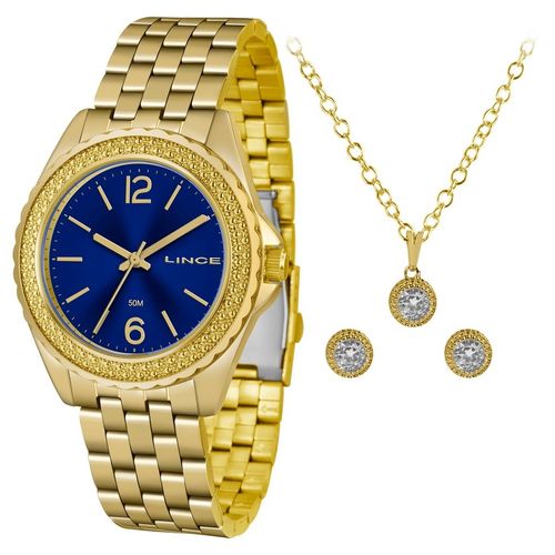 Kit Relogio Feminino Dourado Lince Fundo Azul Escuro LRG4556