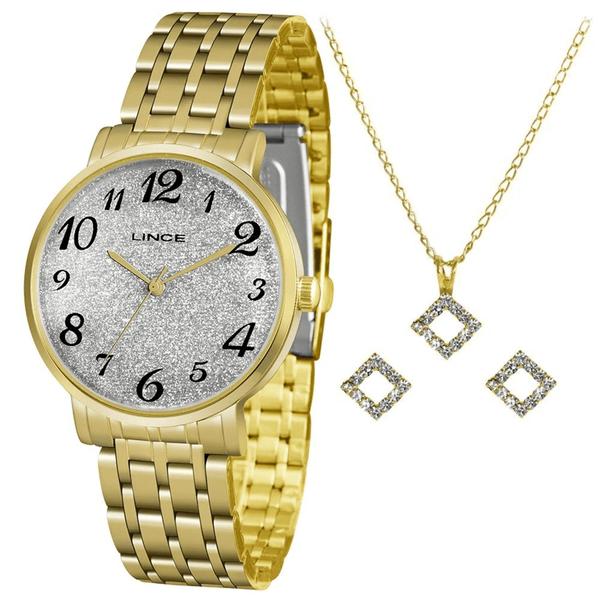 Kit Relógio Feminino Dourado Lince LRGJ614l Kx95 Folhado em Ouro 18k Original