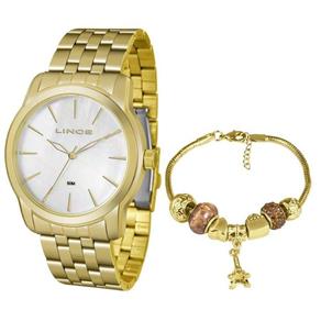 Kit Relogio Feminino Dourado Lince Madreperola com Pulseira