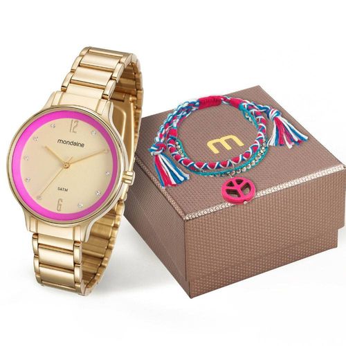 Kit Relogio Feminino Dourado Mondaine Detalhe Rosa e Pedras