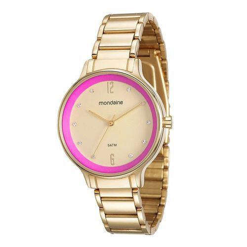 Kit Relogio Feminino Dourado Mondaine Detalhe Rosa e Pedras