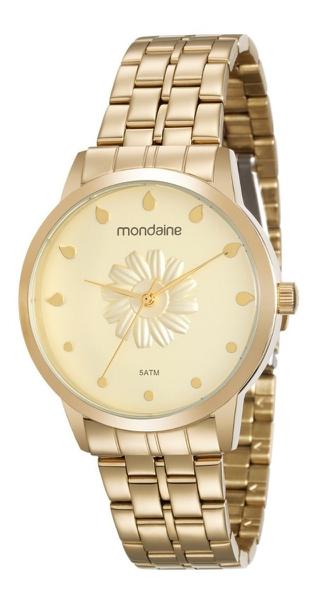 Kit Relogio Feminino Dourado Mondaine Fundo Detalhe Flor