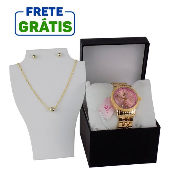 Kit Relógio Feminino Dourado Original Colar/brinco N Fiscal Caixa Top - Orizom