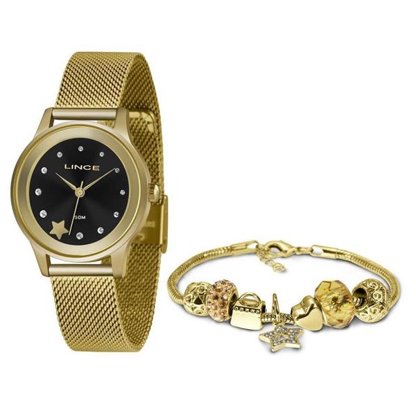 Kit Relogio Feminino Dourado Pulseira Mesh Lince Original+NF