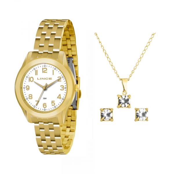 Kit Relógio Feminino Dourado Todos os Números Brinco e Colar - Lince