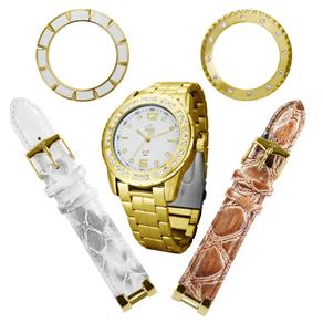 Kit Relógio Feminino Dumont Vip Troca Pulseira e Coroa - Sk85297/B - Dourado