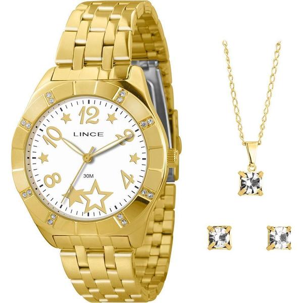 Kit Relógio Feminino Lince + Colar e Brincos - LRGK031L - K132 B2KX - Dourado