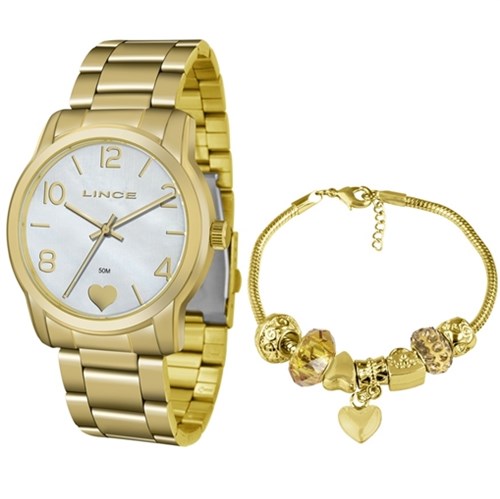 Kit Relógio Feminino Lince com Pulseira Dourado LRG4553L - Branco