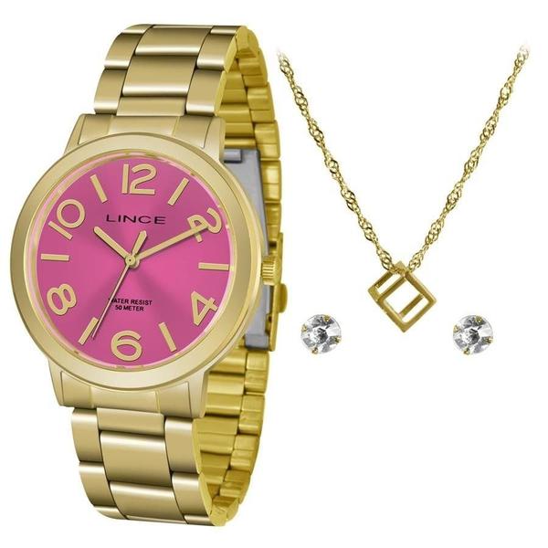 Kit Relógio Feminino Lince Dourado com Colar e Brinco LRGH087LKV47