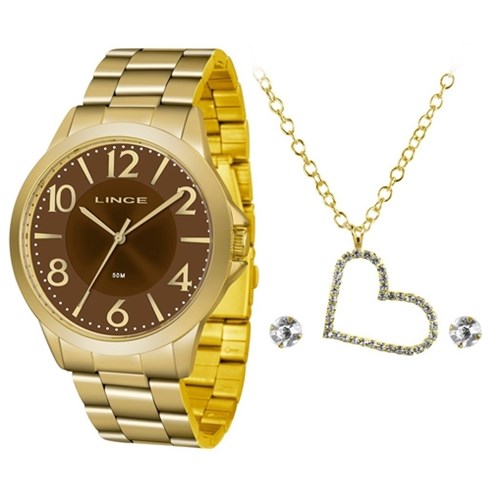 Kit Relógio Feminino Lince Dourado com Colar e Brinco LRGJ080LKV85