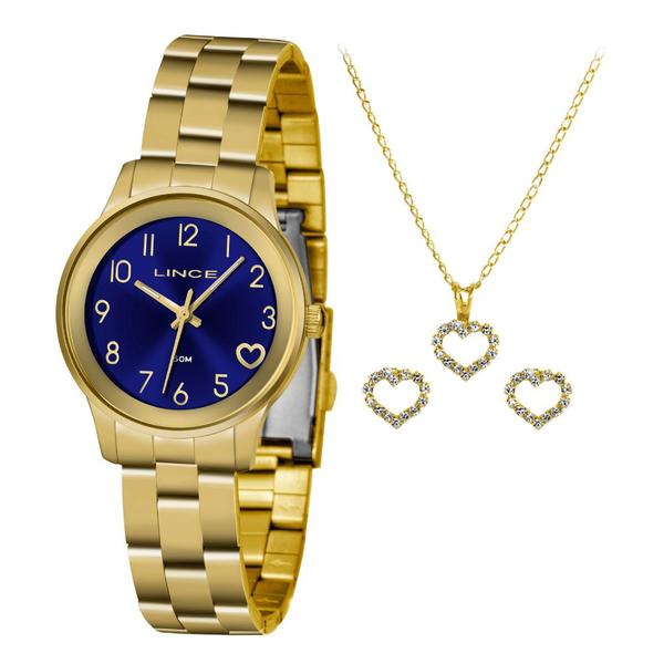 Kit Relogio Feminino Lince Dourado Fundo Azul com Detalhe