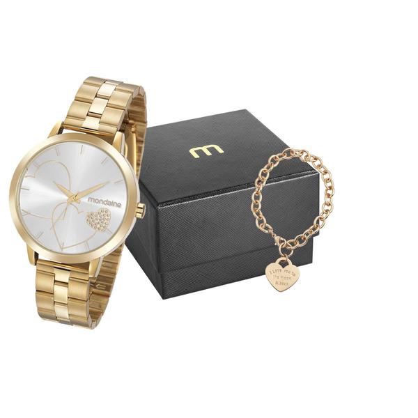 Kit Relógio Feminino Mondaine Coração com Pulseira Dourado 32102LPMKDE1K1