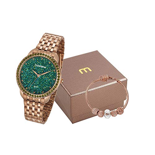 Kit Relógio Feminino Mondaine Dourado 53712LPMVRE2K1 Visor Verde com Pulseira de Berloques