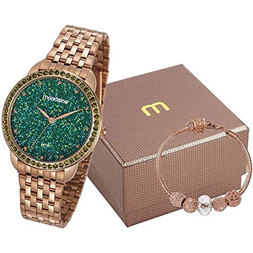 Kit Relógio Feminino Mondaine Dourado 53712LPMVRE2K1 Visor Verde com Pulseira de Berloques