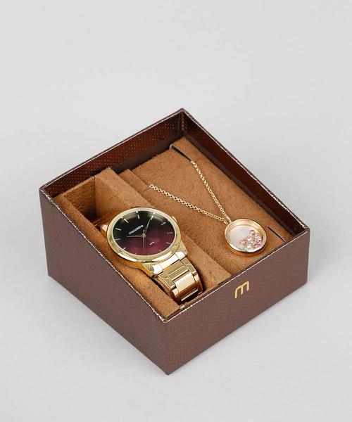 Kit Relógio Feminino Mondaine Dourado com Colar Madrepérola