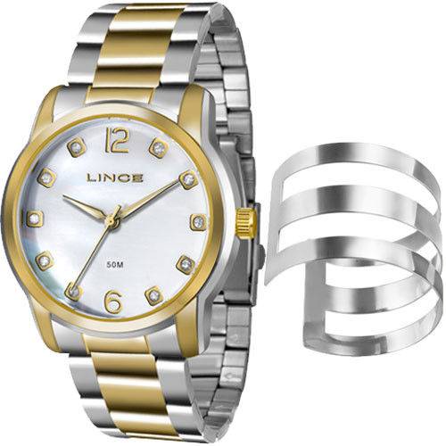 Kit Relogio Feminino Prata e Dourado com Bracelete Prata