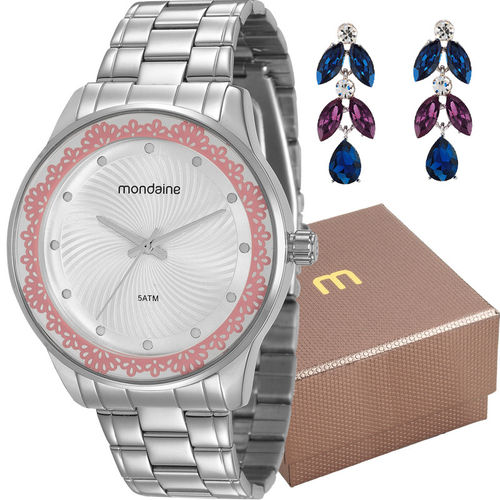 Kit Relogio Feminino Prata Mondaine Detalhe Rosa com Brinco