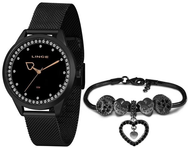 Kit Relógio Feminino Preto Lince Ponteiro com Pulseira + NF