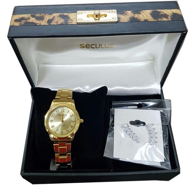 Kit Relógio Feminino Seculus + Brincos - 20394LPSKDA1 - Dourado