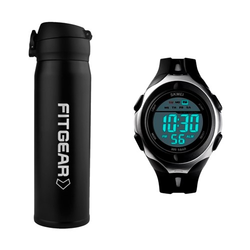 Kit Relógio Fitgear Aton Preto + Garrafa Térmica Defender Preto