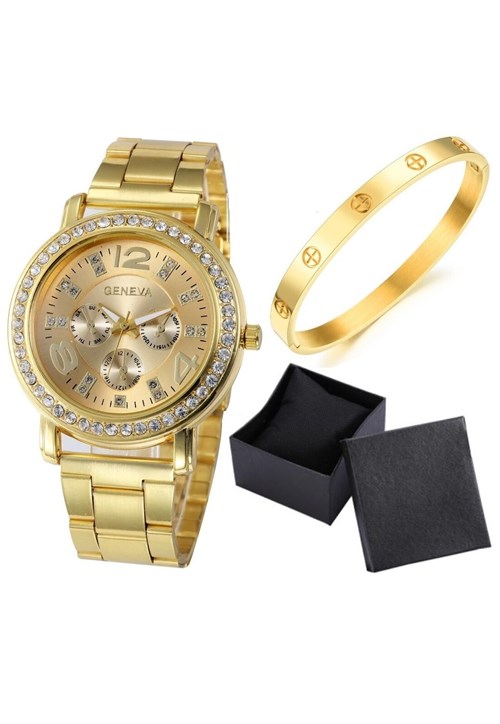 Kit Relógio Geneva 2626 Dourado e Bracelete Vanglore Verona Dourado