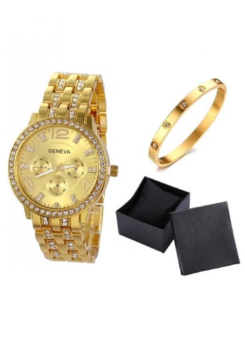 Kit Relógio Geneva 2812 Dourado e Bracelete Vanglore Vernazza Dourado