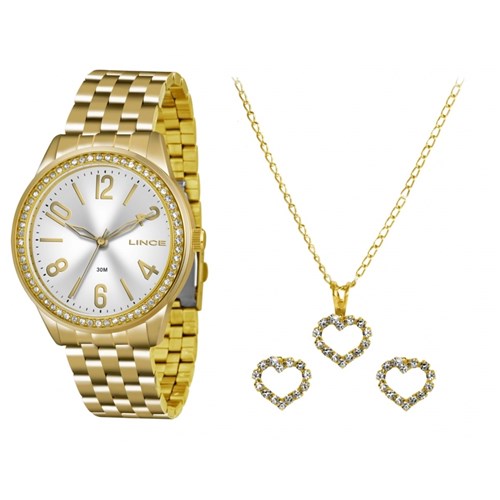 Kit Relógio Lince Dourado Feminino Lrg4338lkt03 com Brincos