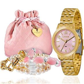 Kit Relógio Lince Feminino com Pulseiras e Necessaire Rosa