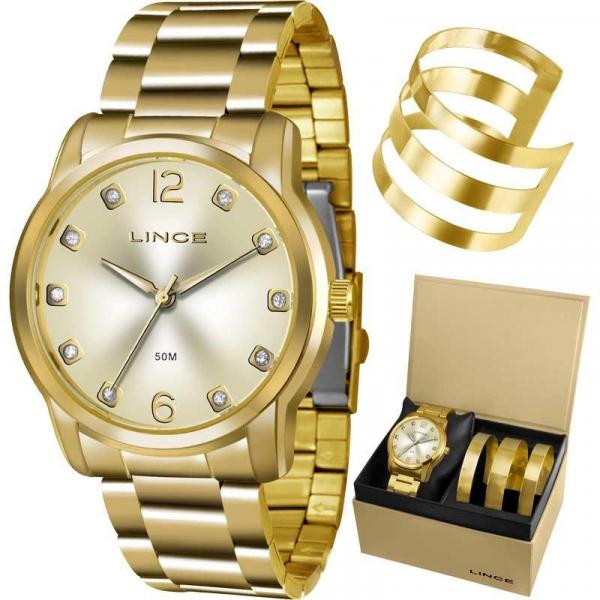 Kit Relógio Lince Feminino Dourado com Bracelete LRG4391LK190C2KX Analógico 5 Atm Cristal Mineral