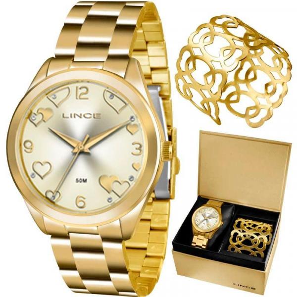 Kit Relógio Lince Feminino Dourado com Bracelete LRG4392LK195C2KX Analógico 5 Atm Cristal Mineral