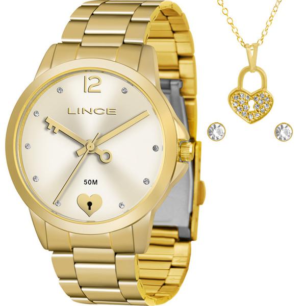 Kit Relógio Lince Feminino Dourado com Colar e Brincos LRG4558LKV14C2KX