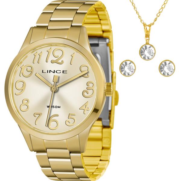 Kit Relógio Lince Feminino Dourado com Colar e Brincos LRGH077LKV23C2KX