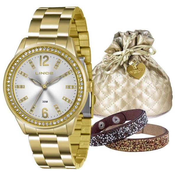 Kit Relógio Lince Feminino Dourado com Pulseira LRG4371LK179S2KX Analógico 3 Atm Cristal Mineral