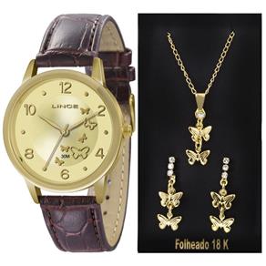 Kit Relógio Lince Feminino Dourado Couro 30 M Lrc4304l K112