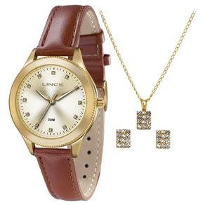 Kit Relógio Lince Feminino Dourado Couro 50 M Lrc4395l Kt17