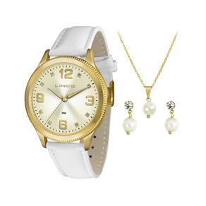 Kit Relógio Lince Feminino Dourado Couro 50 M Lrc4396l Kt20
