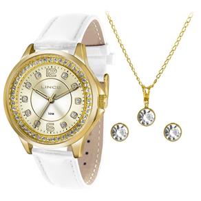 Kit Relógio Lince Feminino Dourado Couro 50 M Lrc4398l Kt27