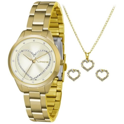 Kit Relógio Lince Feminino Dourado e Semi-Joias - Lrg4557l